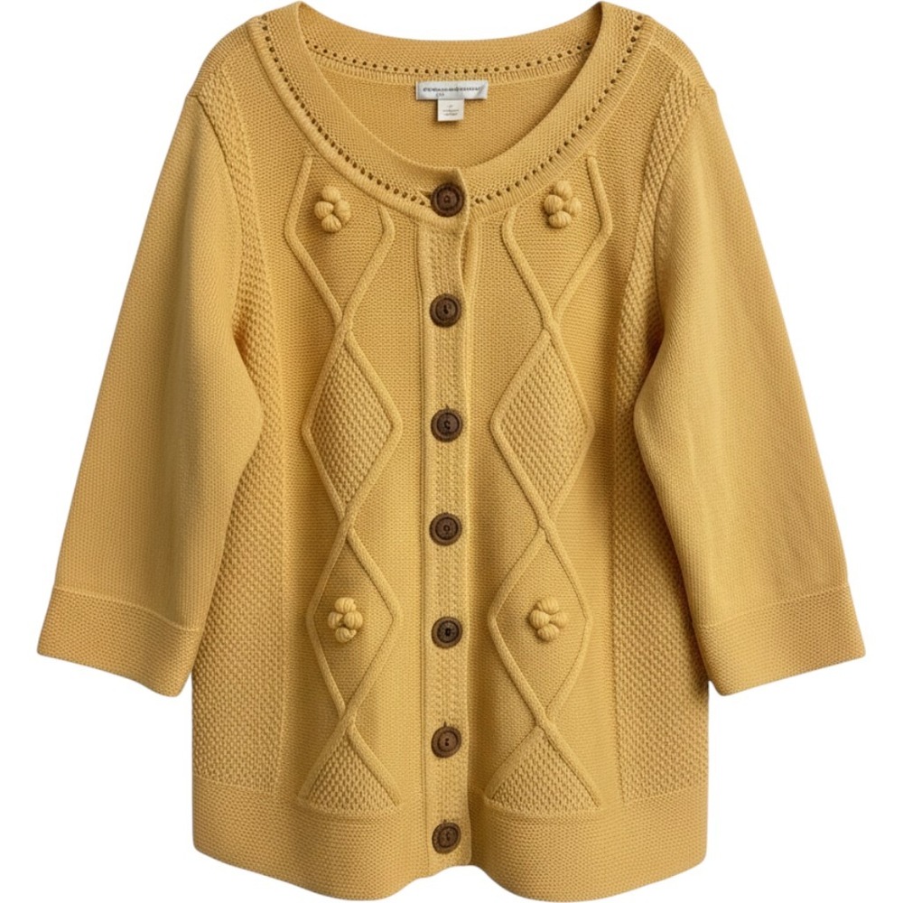 Christopher & Banks Sweater Women's Yellow Large Cotton Cardigan Wood Buttons 3D